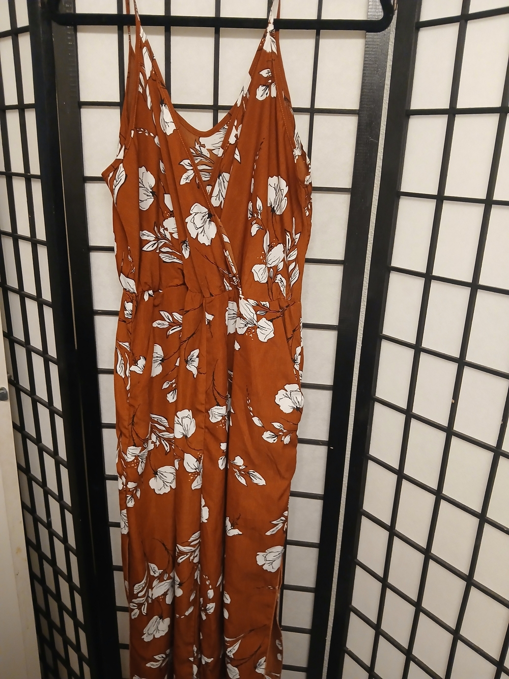 SHEIN Rust Floral Spaghetti-Strap Jumpsuit with White Print